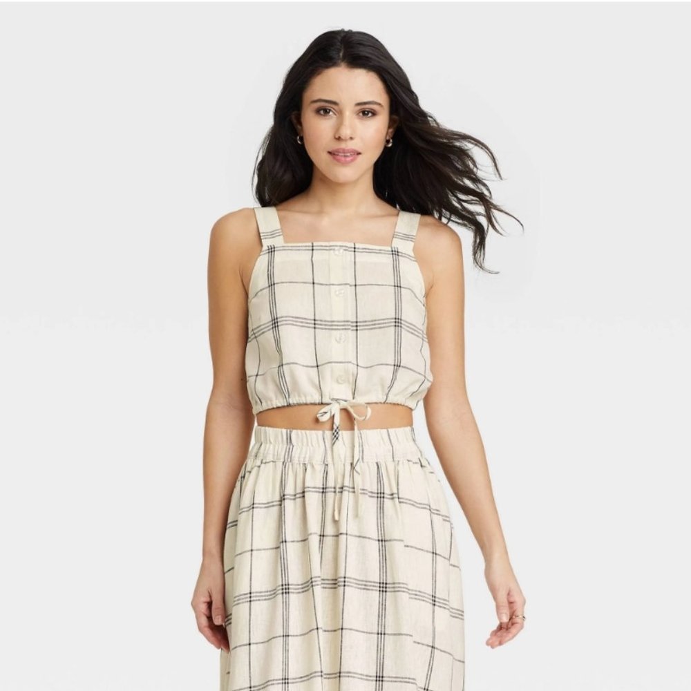 Women's Tie-Front Apron Tank Top - A New Day Cream WindowPane L New With Tags